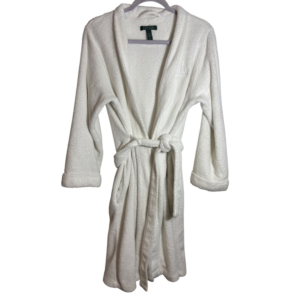 Lauren Ralph Lauren White Plush Robe Embroidered Initials, Tie Included Size M